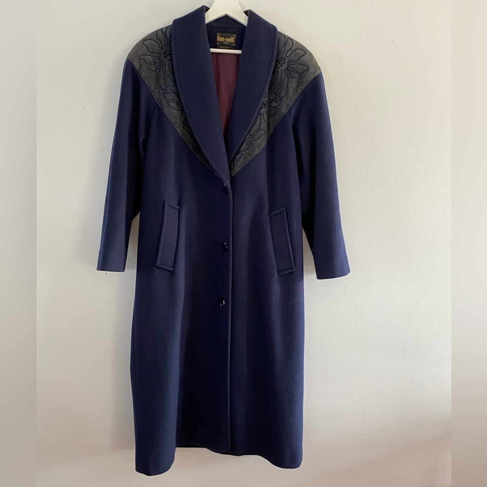 Pure Virgin Wool Vintage 70s/80s Fen-Nelli Blue Wool + Grey Suede Winter Jacket